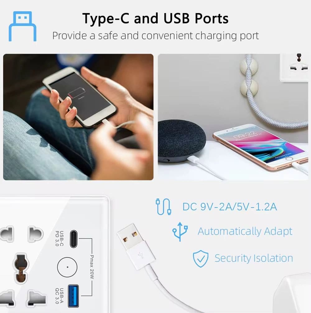 Smart Single Socket (Tampared glass) with USB and Type C port view 2
