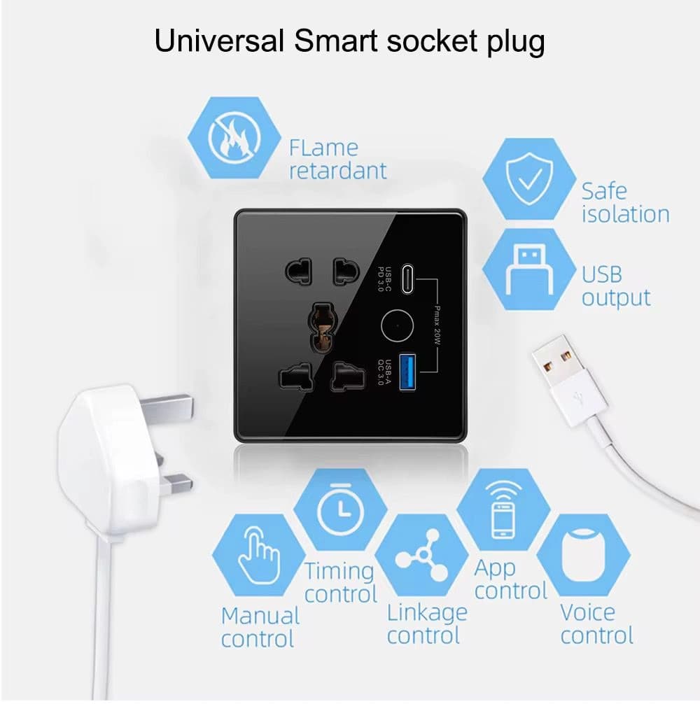 Smart Single Socket (Tampared glass) with USB and Type C port