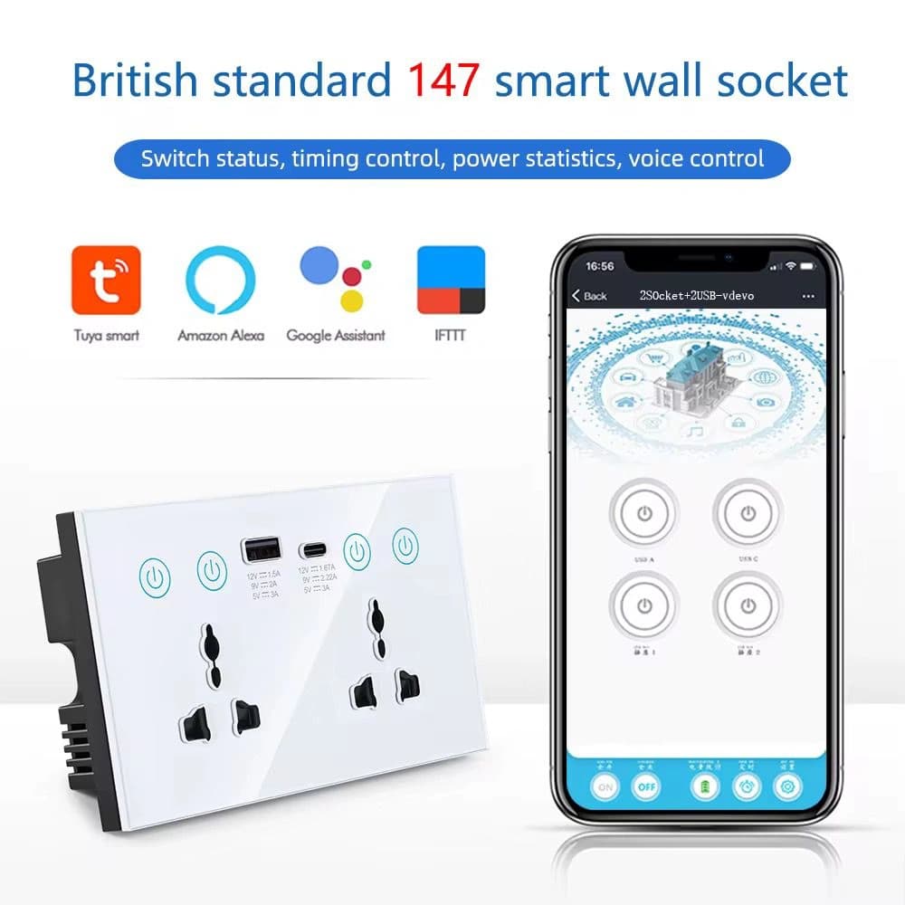 Smart Double Socket with USB & Type-C Charging Independent Control Dst01